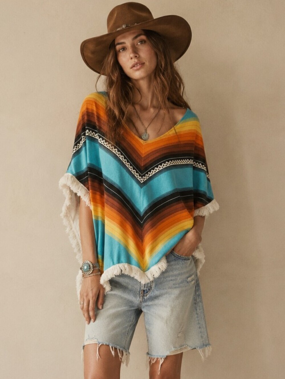 Billabong Western Boho Striped Fringe French Terry Poncho Beach Cover-Up S/M